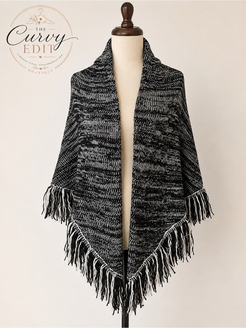 Jessica Simpson Marled Fringe Wrap Shawl Poncho | Black & White | One Size Boho